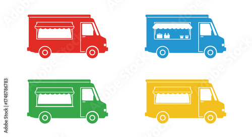 Colorful food truck icons in red blue green and yellow designs