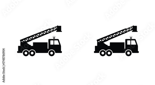 Two black silhouette icons depicting fire trucks with extended ladders