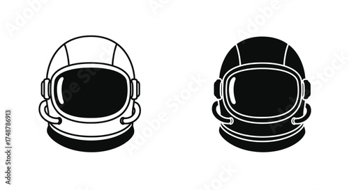 Two astronaut helmets presented in contrasting black and white line art styles