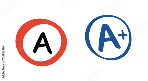 Two academic grade symbols an a in red and a in blue