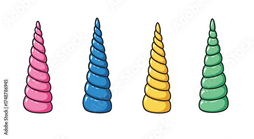 Colorful cartoon unicorn horns in a row simple whimsical design