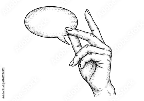 Black and white vector illustration of woman's hand holding speech bubble in engraving style, detailed sketch of communication concept, doodle-style line art for business design