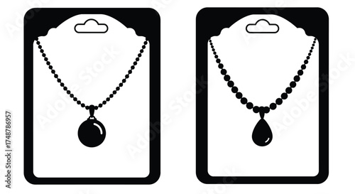 Black and white illustration of two necklaces displayed on tags