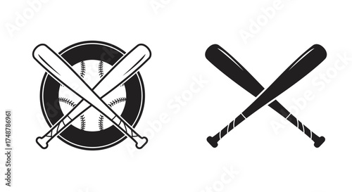 Baseball equipment illustration featuring bats and a baseball in monochrome style