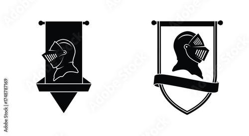 Medieval heraldry emblems featuring knight helmets and shield designs in black