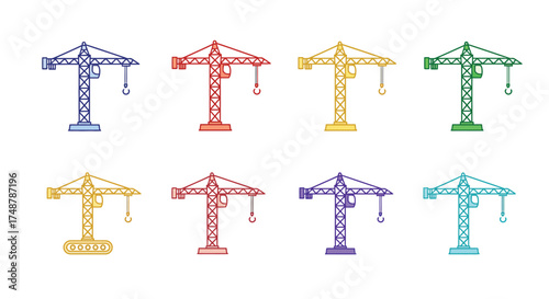 Colorful construction cranes depicted in a simple linear illustrative style