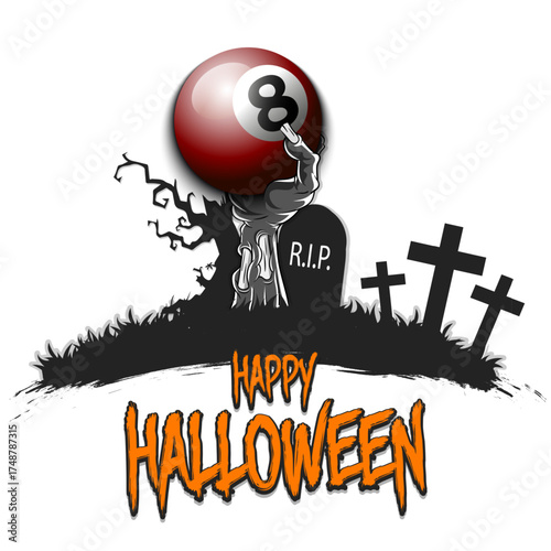 Happy Halloween. Zombie hand from the grave holding a billiard ball. Spooky tree, crosses and coffin. Design pattern for banner, poster, greeting card, flyer, party invitation. Vector illustration