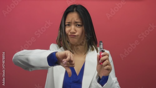Woman expressing disapproval while holding an e-cigarette against a vibrant red background, demonstrating a negative reaction to vaping.
