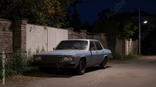 Vintage Sedan with Shattered Windows Parked at Night on a Quiet Street