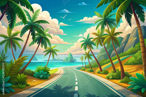 Tropical island road surrounded by palm trees and turquoise sea, relaxing travel paradise illustration.
