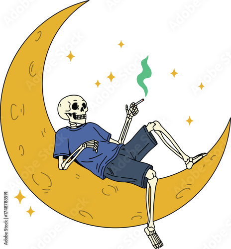A skeleton lounges on the moon, holding a cigarette
