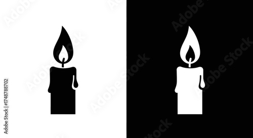 A pair of black and white icons depicting a lit candle with a flame and melting wax, presented in positive and negative space.