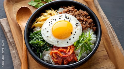Appetizing korean bibimbap with egg topping captured in closeup