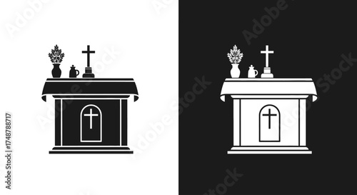 A black and white icon of a Christian church altar with a cross, flowers, and a chalice.
