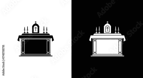 A set of black and white icons depicting a traditional Christian church altar with a cross and candlesticks.