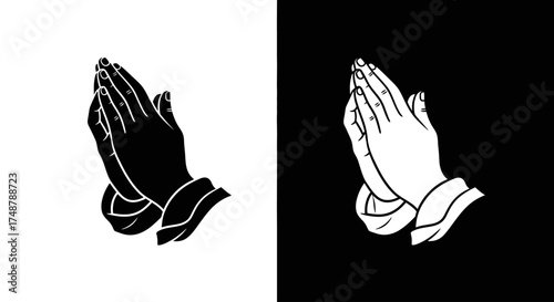 A simple black and white graphic illustration of two hands clasped together in a gesture of prayer or supplication.