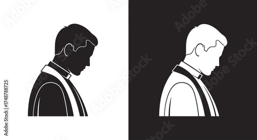 A black and white silhouette icon of a priest with his head bowed in solemn prayer or contemplation.