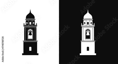 A pair of contrasting black and white silhouette illustrations of a traditional church bell tower.