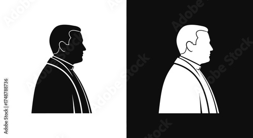 Profile silhouette icons of a priest or clergyman wearing a clerical collar, in black and white versions.