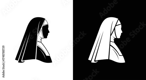 A minimalist black and white illustration of a nun in profile, shown in positive and negative versions.