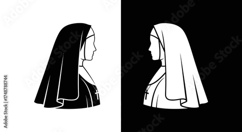 A symmetrical black and white illustration of two nuns in profile, creating a stark contrast and sense of duality.