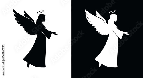 Two contrasting silhouettes of a graceful angel with large wings and a halo, presented in black and white.