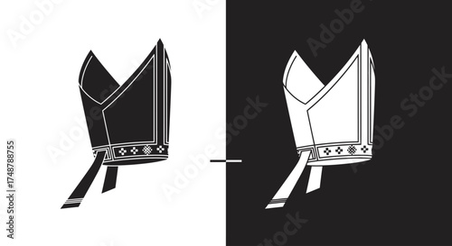 Two contrasting bishop mitres in a symmetrical black and white graphic illustration on a split background.