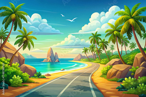 Tropical island road surrounded by palm trees and turquoise sea wallpaper vector, relaxing travel paradise illustration.