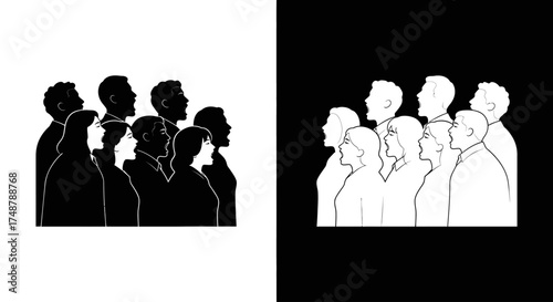A graphic illustration of a crowd of spectators in silhouette, presented in contrasting black and white versions.