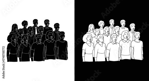 A simple line drawing of a crowd of people, shown in both black on white and inverted white on black.