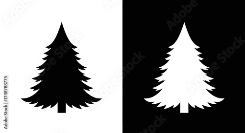 A simple graphic illustration of a pine tree silhouette, shown in both black on white and white on black.