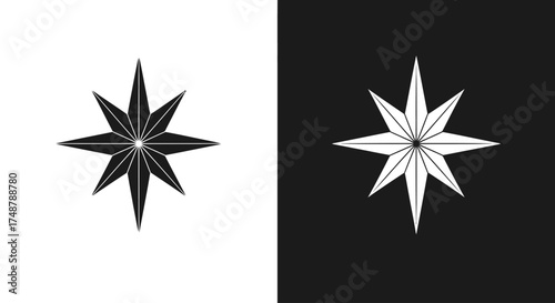 A minimalist graphic of two eight-pointed stars, one black on a white background and its white inverse on a black background.