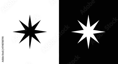 A minimalist graphic of two eight-pointed stars in a symmetrical black and white composition, illustrating contrast and duality.