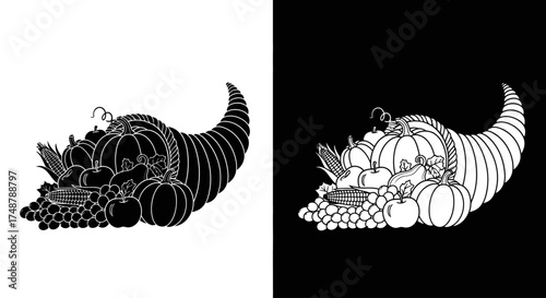 A graphic illustration of a cornucopia, or horn of plenty, overflowing with harvest produce, shown in black and white inverse versions.