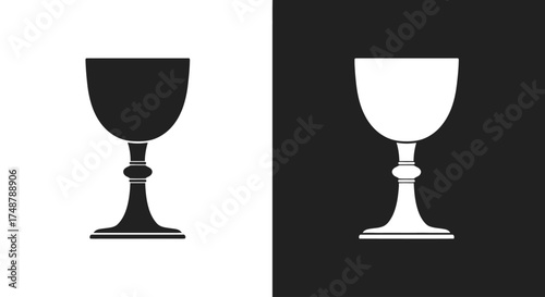 A pair of minimalist icons showing a goblet silhouette, one black on a white background and its inverse.
