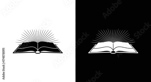 A stylized open book with radiating sunburst rays, presented in both black and white versions.