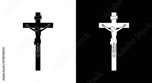 A minimalist graphic illustration of Jesus Christ on the crucifix, shown in contrasting black and white silhouettes.
