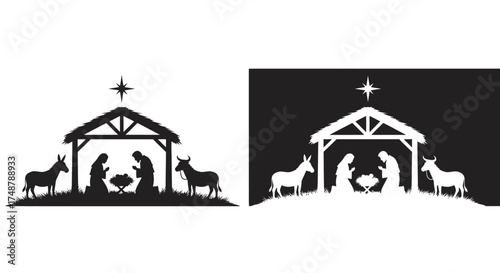 A black and white silhouette of the nativity scene with Mary, Joseph, and baby Jesus in a stable under a star.