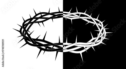 A symbolic crown of thorns split into black and white, illustrating the duality of suffering and salvation.
