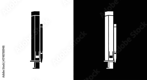 A minimalist graphic icon of a pen or pencil with a clip, shown in contrasting black and white versions on a split background.