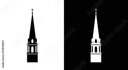A simple graphic icon set of a traditional church steeple with a cross, shown in black and white silhouette versions.