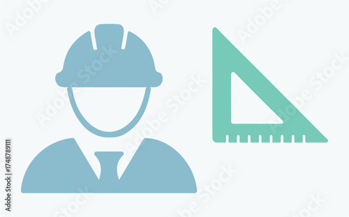 Engineer, architect, manager, construction, helmet, works, uniform, designer, tool, set square, profession, worker, building, house, compass, ruler, work. Vector, set, icon