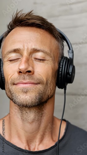 Tranquil man immersed in music with headphones and closed eyes, experiencing pure relaxation
