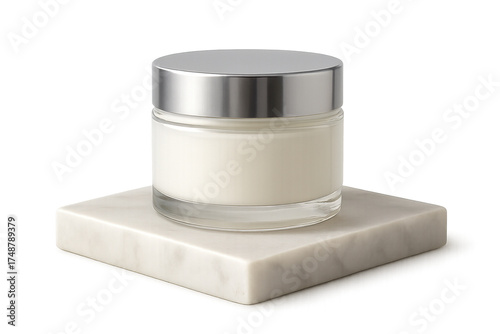 Glass Cosmetic Cream Jar with Silver Lid on Marble Slab, Soft Daylight Reflection, Isolated Transparent Background