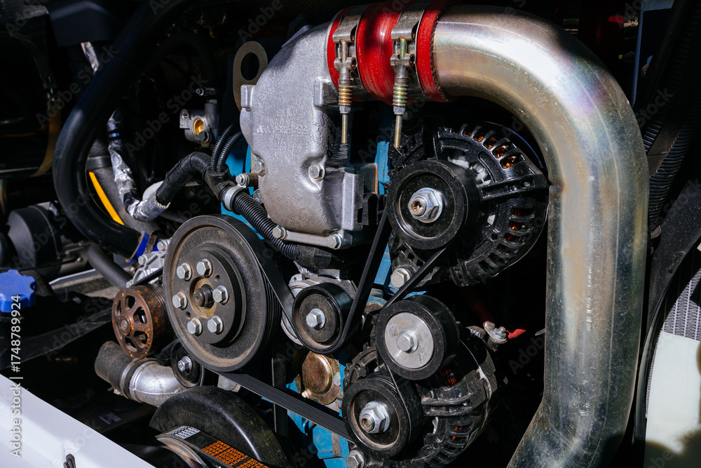 Fototapeta premium Opened bus diesel engine system
