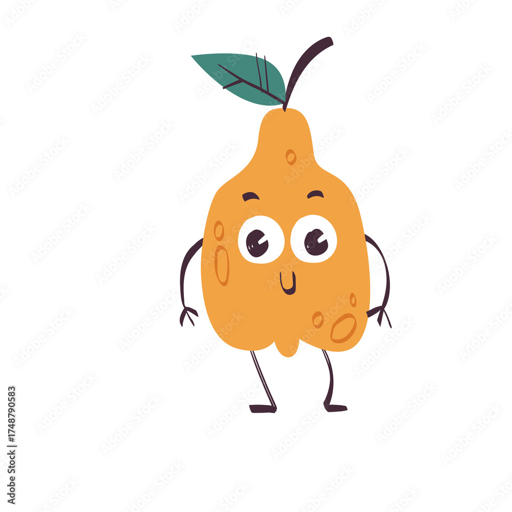 Obraz premium Animated Pear Character in Yellow Orange with Green Leaf on Transparent Background
