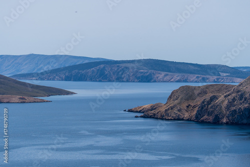 Prvić Island and Sveti Grgur, Croatia - April 20, 2025: Panoramic view of the mountains and sea.