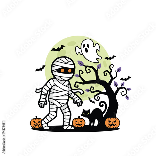 An illustration of a Halloween scene featuring a mummy, ghost, black cat, pumpkins, a tree, and bats against a light green moon background.