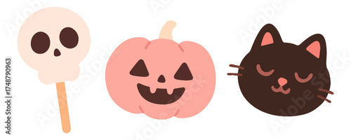 Adorable Halloween clipart set featuring a skull lollipop, smiling pumpkin and black cat. Cute pastel Halloween illustration perfect for stickers, cards, patterns and festive decor.