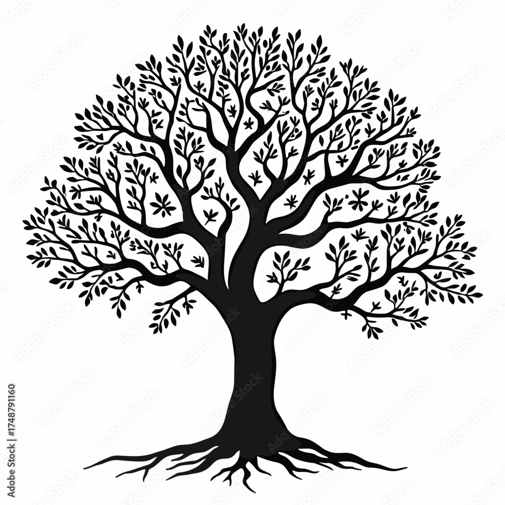 Obraz premium Silhouette of a detailed tree with branches and roots against a white background